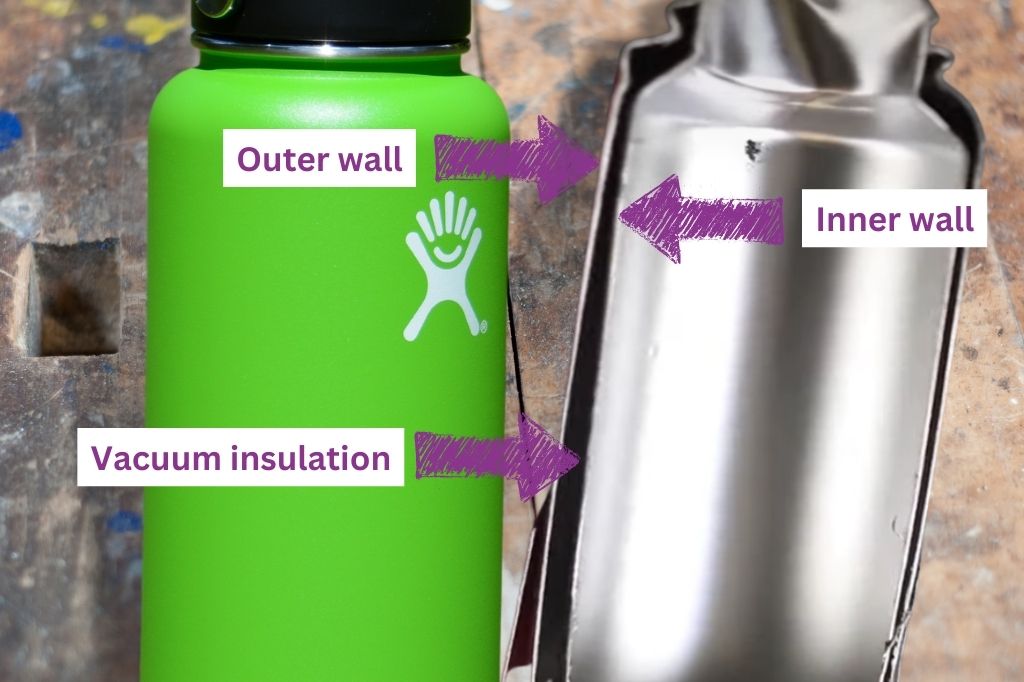 image of two hydro flask water bottles, one has been cut in half to show how a dent could impact the performance of the insulation